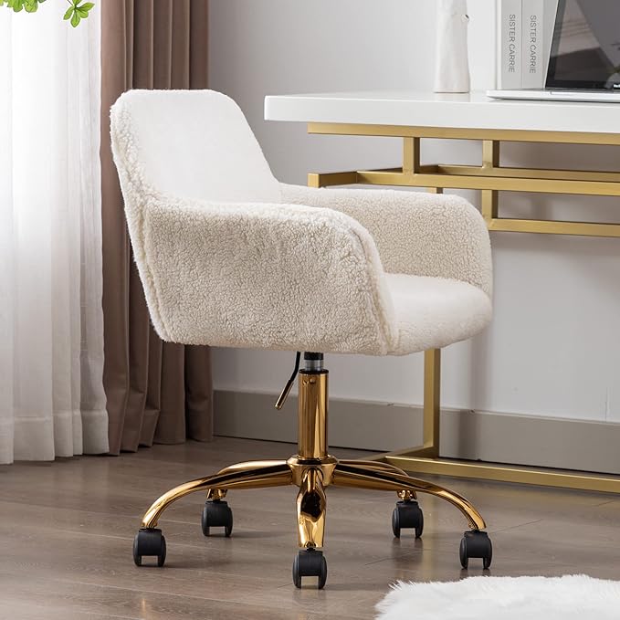 KCC Faux Fur Office Desk Chair, Comfy Swivel Armchair with Wheels, Upholstered Fuzzy Vanity Chair, Adjustable Height, White