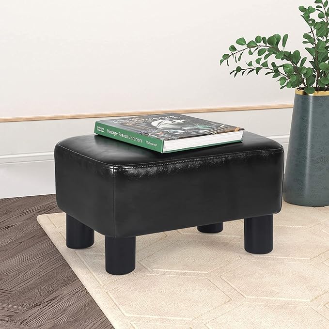 Joveco Small Footstool Ottoman Footrest Modern Rectangular Footstools for Living Room Bedroom (Black PU Leather)