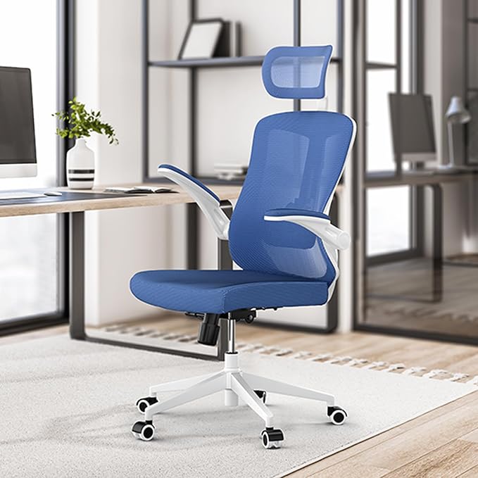 350 LBS Ergonomic Office Computer Mesh Chair - Adjustable Height Rolling Desk Chair with Flip-Up Armrests & High Back Support - Comfortable Swivel Task Chair for Home Office (03BLUE)