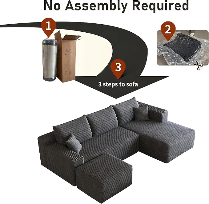 94" Darkgrey Fluffy Couch with Ottoman for Living Room, Corduroy No Bones Sectional Couch,Compressed Memory Foam Cloud Sofa,No Assembly Required,Right Facing Chaise,Darkgrey