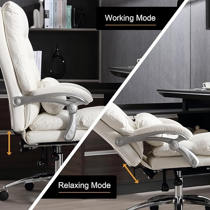 Office Chair with Foot Rest - High Back Executive Chair with Padded Linkage Armrests, Reclining Desk Chair with Wheels, Comfy Chair with Double Thick Cushion (Cream White)