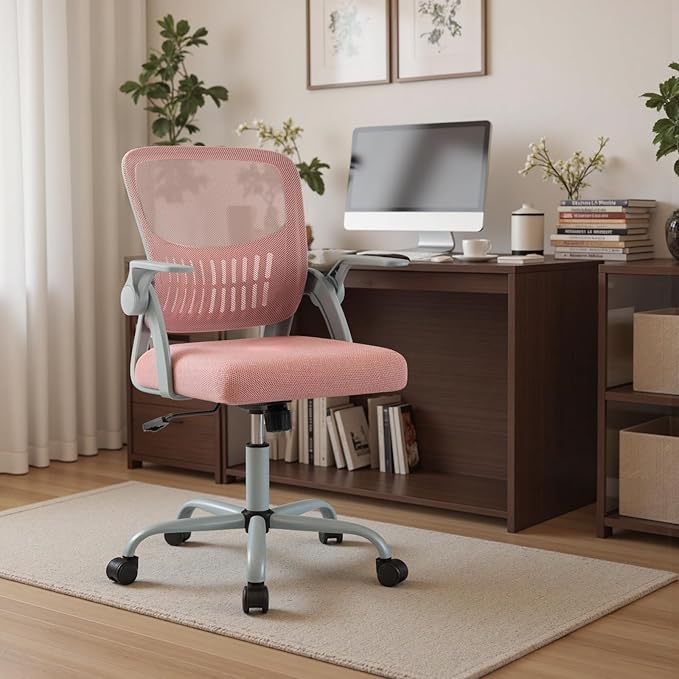 Sweetcrispy Home Office Managerial Executive Chair, Flip Up Armrest Ergonomic Mesh Adjustable Swivel Mid-Back Computer Desk Chair with Comfortable Lumbar Support, Comfy Arms for Bedroom,Study