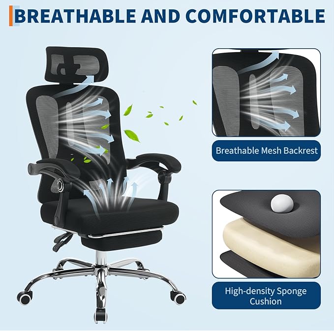 GarveeHome High Back Ergonomic Office Chair with Mesh Back, Retractable Footrest, Adjustable Headrest & Lumbar Support – Wide Computer Desk Chair with Wheels for Home Office or Bedroom, Black