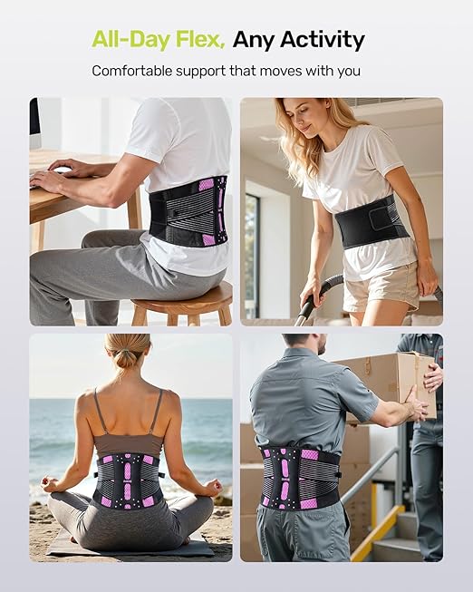 Rakiie Slim Back Brace for Lower Back Pain Relief, Lightweight & Breathable Back Support Brace for Men Women, Ergonomic Light Lumbar Support for Everyday Wear, Pink S