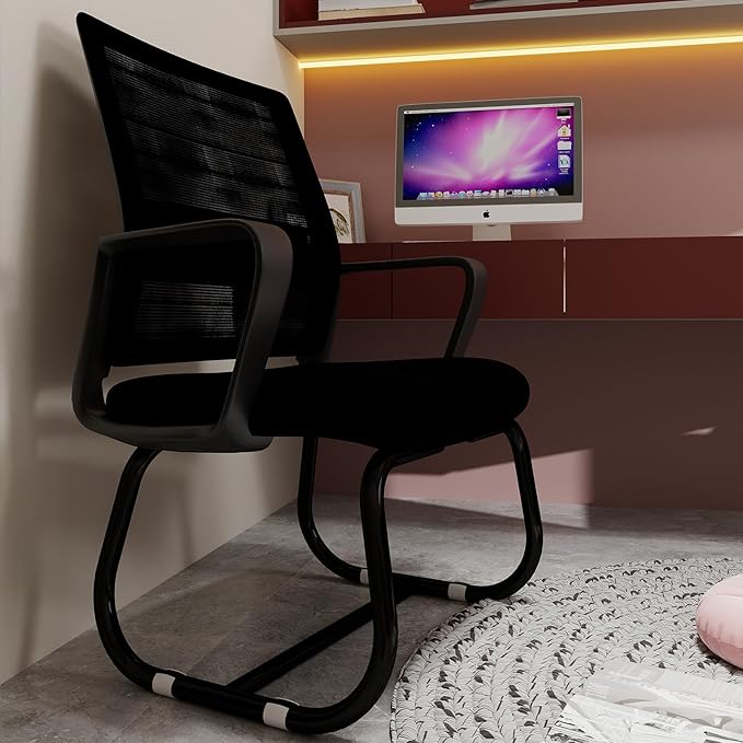 Minimalist Modern Office Chair with Metal Frame – Breathable Mesh Backrest, Ergonomic Support, Comfortable Thick Cushion for Home & Office Use (Black)