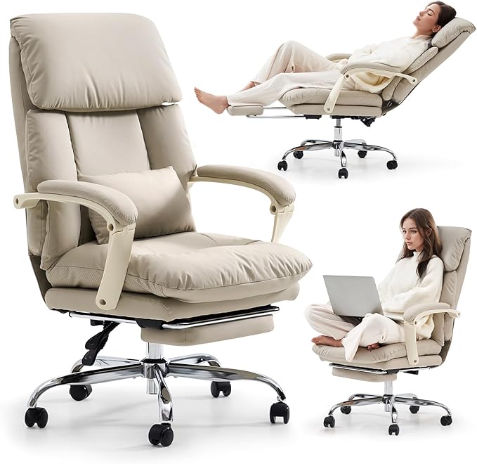 EMIAH Heated and Massage Office Chair with Foot Rest, Executive Office Chair Reclining High Back PU Leather Comfy Swivel Computer Desk Chairs with Wheels and Lumbar Support for Home Office,Beige
