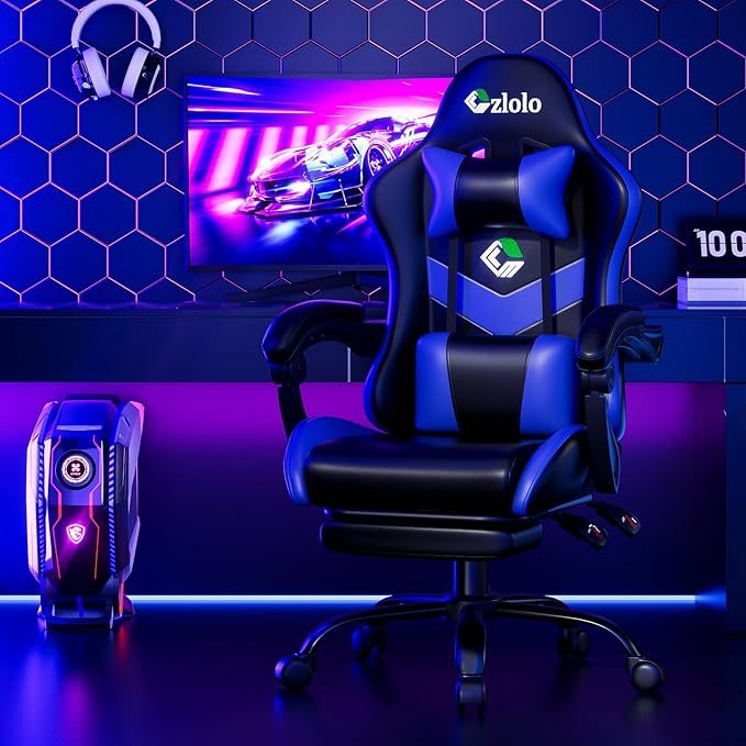 Czlolo Gaming Chair with Footrest Racing Style Lumbar Support Massager Video Game Chair with Metal Legs, High Back Gamer Chair with Headrest, 360° Swivel Office Computer Desk Chair, Bright Blue