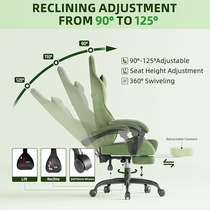 Gaming Chair Racing for Adult, Office Chair with Footrest Massage Lumbar Cushion, Velvet Fabric Reclining Video Game Chairs, Ergonomic Computer Chairs Height Adjustable, for Home Streaming, Green