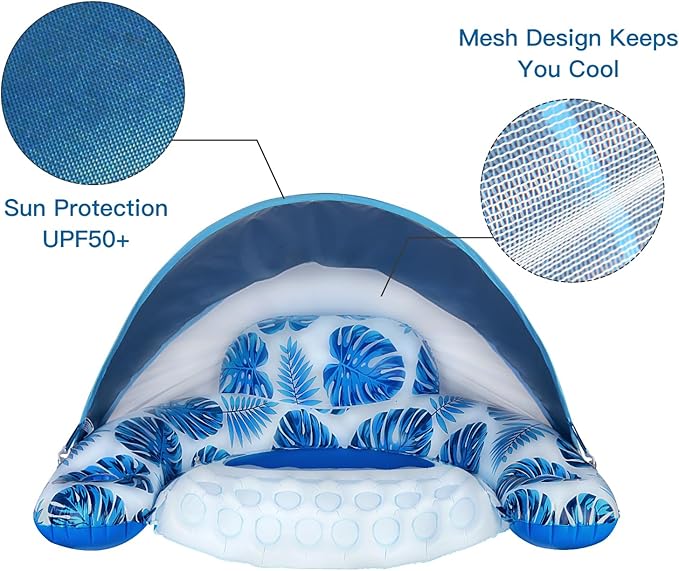 COOLCOOLDEE Pool Float with Canopy, Cup Holder - XL Pool Chair Lounge Float with Adjustable Sun Shade Cover, Drink Holder, Ergonomic Headrest,Inflatable Pool Float for Adults