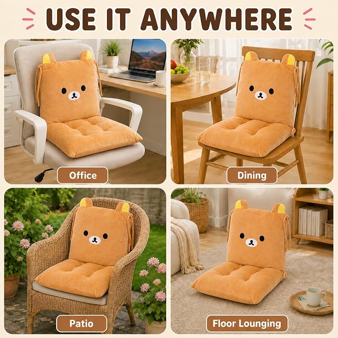 ChezMax Chair Cushion Plush Seat Cushion Back Cushion with Ties Thickened Desk Chair Pads Cartoon Waist Pillow Cushion Decor for Chair Car Office Patio Wheelchair Cartoon Bear