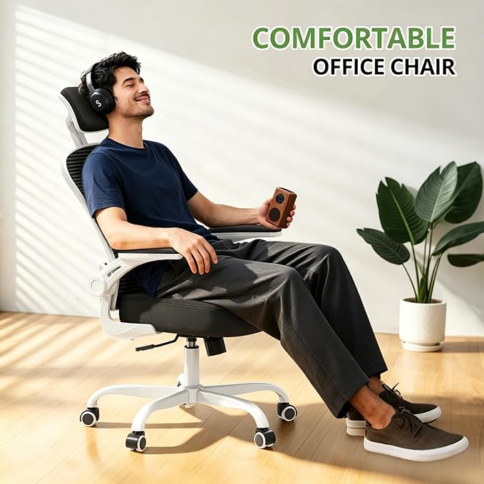 Office Chair Ergonomic Desk Chair, 330LBS Capacity, High Back Computer Design for Long Hours Comfort, Rolling Swivel Executive Task for Home Office with Flip-up Armrests(White Black)