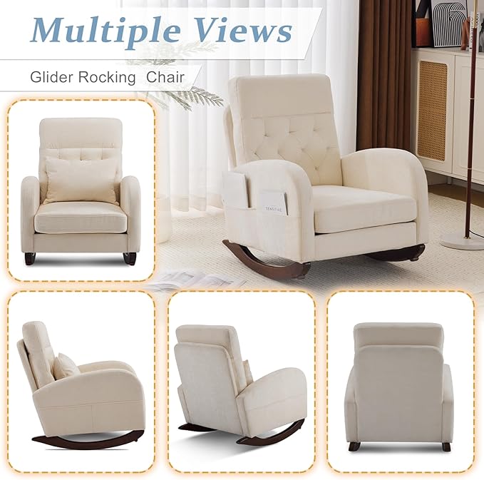 VINGLI Chenille Low Seat Rocking Chair,Upholstered Nursery Glider Chair with Side Pockets,Accent Arm Chair with High Backrest,Comfy Head Rest, and Solid Wood Base For Living Room Bedroom Balcony,Beige