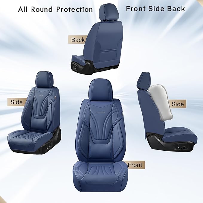 Coverado Car Seat Covers Full Set, 5 Piece Car Seat Protector with Lumbar Support & Removable Headrest, Breathable Leather Front Rear Seat Cushion Universal Fit for Truck Automotive Blue