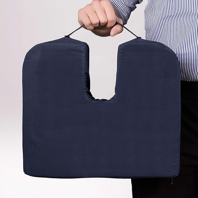 DMI Gradual Slope Seat Cushion for Coccyx, Sciatica and Tailbone Pain Used With Dining Room Chairs, Desk Chairs, Thin Car or Wheelchair Cushions, Machine Washable-Cover, 15 Inch, Navy