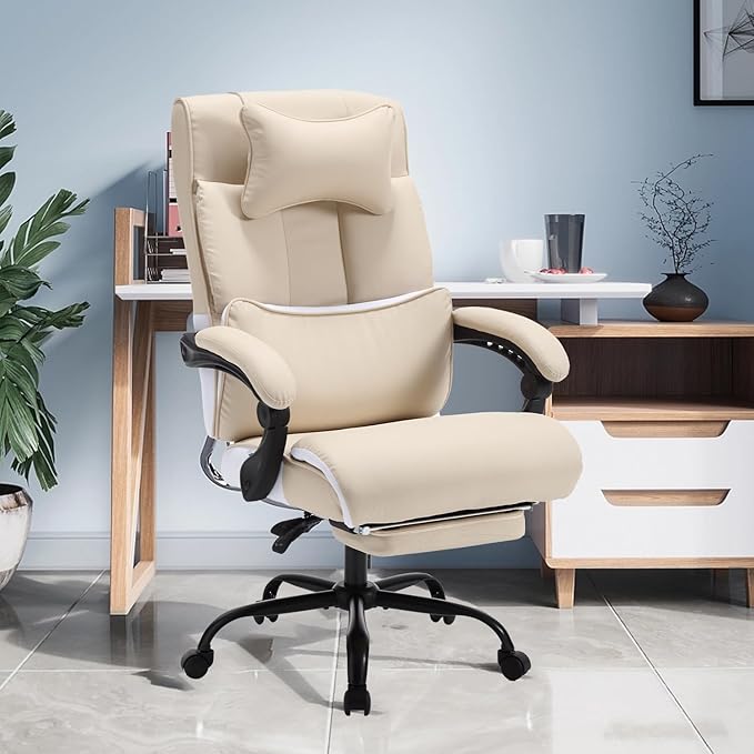 Fully Reclining Office Chair with Foot Rest, Ergonomic Executive Office Desk Chair with Lumbar Support and Headrest, 170° Reclining Recliner High Back Home Leather Computer Chair, Beige