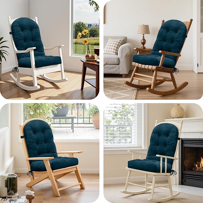 Rocking Chair Cushion - Velvet Fabric, High-Density Sponge, Durable Comfort Non-Slip Bottom Tufted Seat Pads with Ties, Velvet︱Dark Blue, 44x19x4 inch