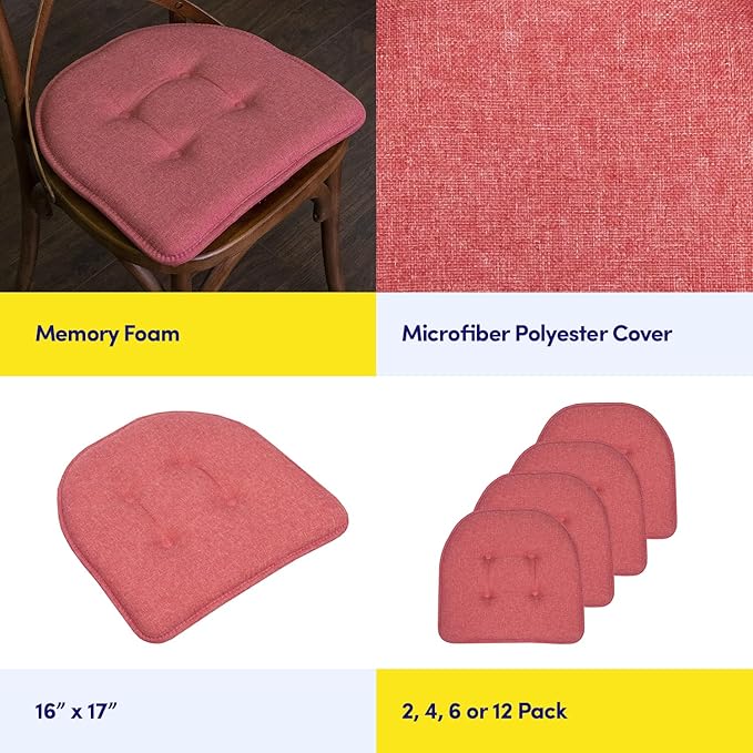 Sweet Home Collection Chair Cushion Memory Foam Pads Tufted Slip Non Skid Rubber Back U-Shaped 17" x 16" Seat Cover, 12 Count (Pack of 1), Peach