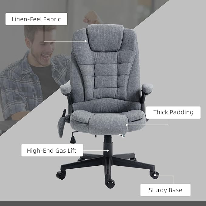 Vinsetto 6 Point Vibrating Massage Office Chair with Heat, Linen High Back Executive Office Chair with Reclining Backrest, Padded Armrests and Remote, Gray