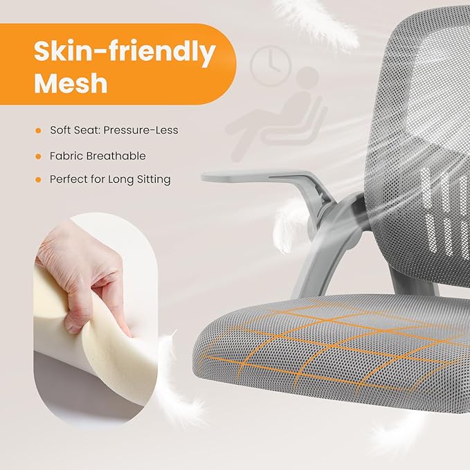 Sweetcrispy Home Office Managerial Executive Chair, Flip Up Armrest Ergonomic Mesh Adjustable Swivel Mid-Back Computer Desk Chair with Comfortable Lumbar Support, Comfy Arms for Bedroom,Study