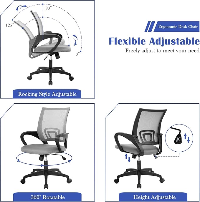 MKDLUFEI Modern Grey Mesh Office Chair with Lumbar Support Arms, Adjustable Height, Breathable Mesh Backrest, Comfortable Home Office Desk Chair for Adults