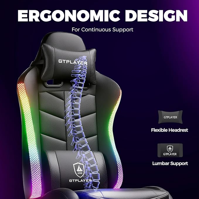 GTPLAYER RGB Gaming Chair with Footrest, Computer Gaming Chair with LED Lights for Adults, Height Adjustable PC Gamer Chair with 90-155° Recline & Removable Headrest Lumbar Support, RGB Black