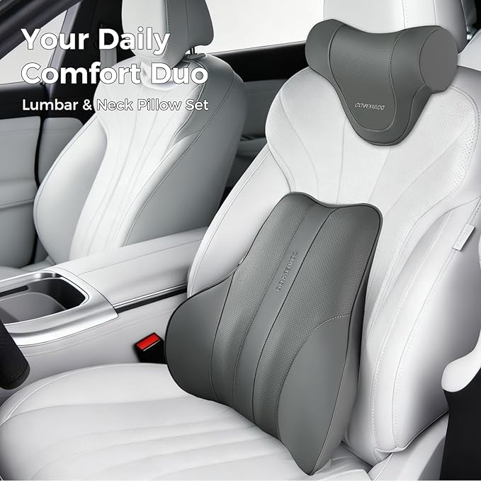 Coverado Car Headrest Pillow, Ergonomic Memory Foam Car Neck Pillow for Driving Seat with Adjustable Strap, Soft PU Leather Breathable Removable Cover Neck Support for Neck Pain Relief