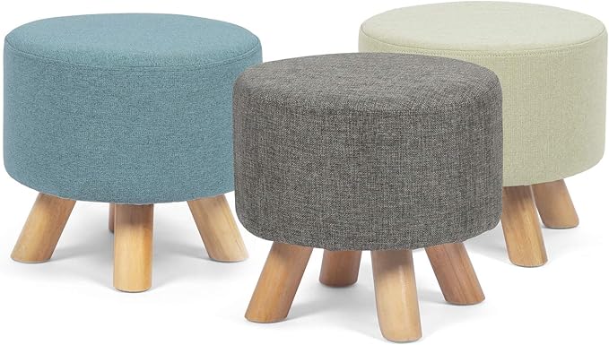 Homebeez Round Ottoman Foot Rest Stool, Small Fabric Footstool with Non-Skid Wood Legs, Blue