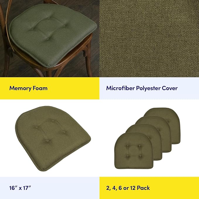Sweet Home Collection Chair Cushion Memory Foam Pads Tufted Slip Non Skid Rubber Back U-Shaped 17" x 16" Seat Cover, 4 Count (Pack of 1), Army Green