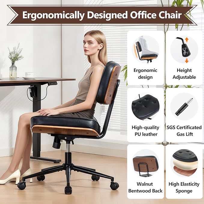Walnut Armless Modern Office Desk Chair with Wheels, PU Leather Adjustable Height Swivel Rolling Task Chair, Ergonomic Criss Cross Legged Computer Chair(Black)