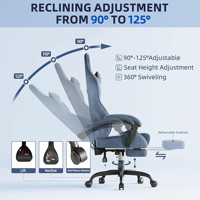 Ferghana Velvet Fabric Ergonomic Gaming Chair with Footrest and Massage, High Back Reclining Computer Gamer Chair for Adult, Racing Style PC Video Game Chair Suitable for Home Office (Grey)