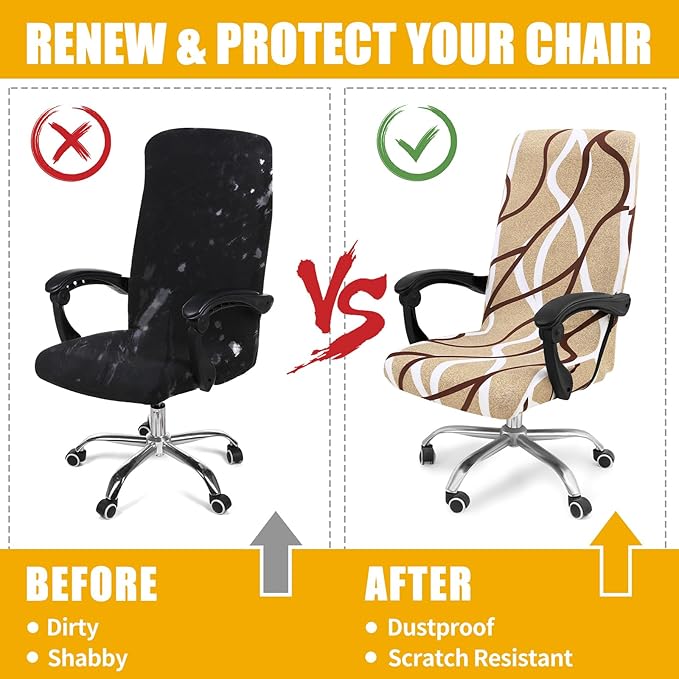 Smiry Stretch Printed Office Computer Chair Covers, Universal Desk Rotating Chair Slipcovers Removable Washable, Soft Fit Anti-Dust Spandex Protector Cover with Zipper, Khaki and White