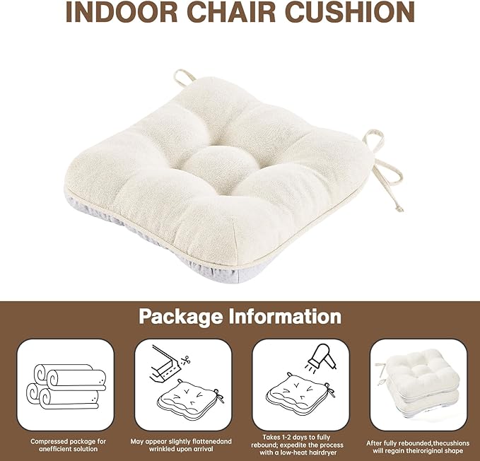 BETU White Chair Cushions for Dining Chairs Set of 4,3.5" Thick Kitchen Table Chair Pads with Ties,Non Slip Backing and Covers, Seat Cushion for Dining Room,Bar,Patio Chairs,15.5"X15.5"X3.5",White
