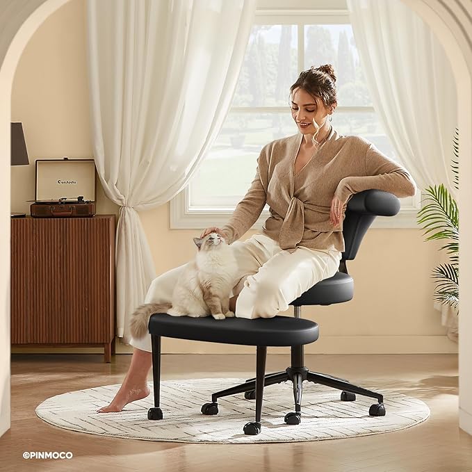 Pinmoco Ergonomic Cross Legged Office Chair Extra Wide for ADHD and Meditation, Kneeling Chair with 360° Swivel Wheels and Reversible Seating, Adjustable Height and Seat Deapth, PU Leather, Black
