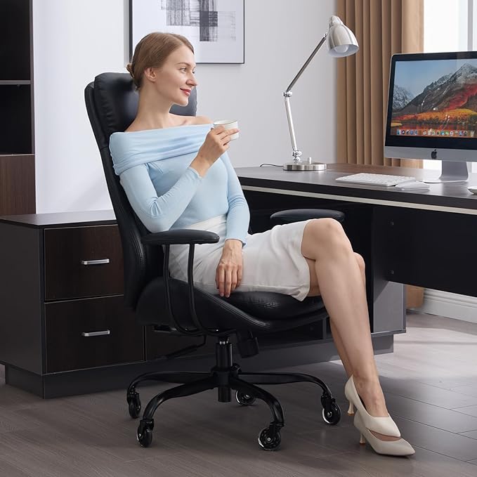 E-Motie Office Chair, Leather Desk Chair with Rubber Wheels, Ergonomic Computer Chair 500 LBS with Lumbar Support, High Back Executive Chair for Modern Home Office, Black