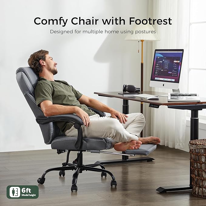 amseatec Office Chair, Big and Tall Office Chair with Foot Rest Ergonomic Chair Home Office Desk Chairs Reclining High Back Leather Chair with Lumbar Support(Gray)