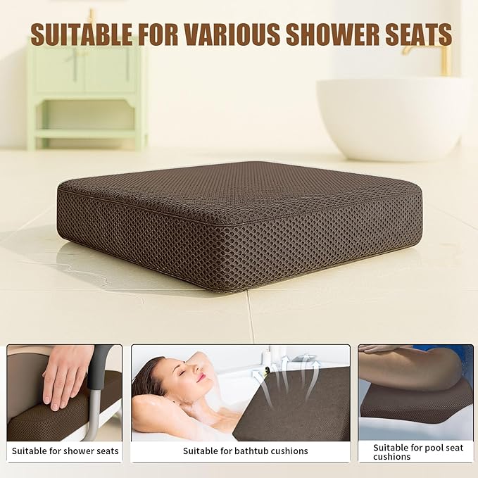 Shower Bench Cushion, Soft Chair Pad for Elderly Bathing, Easy to Clean & Quick Dry,Using 4D air Fiber Material, Suitable for Shower Cushion, Bathtub Baths, Poolside Rest,Brown