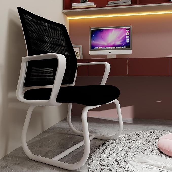 Minimalist Modern Office Chair with Metal Frame – Breathable Mesh Backrest, Ergonomic Support, Comfortable Thick Cushion for Home & Office Use (White+Black)