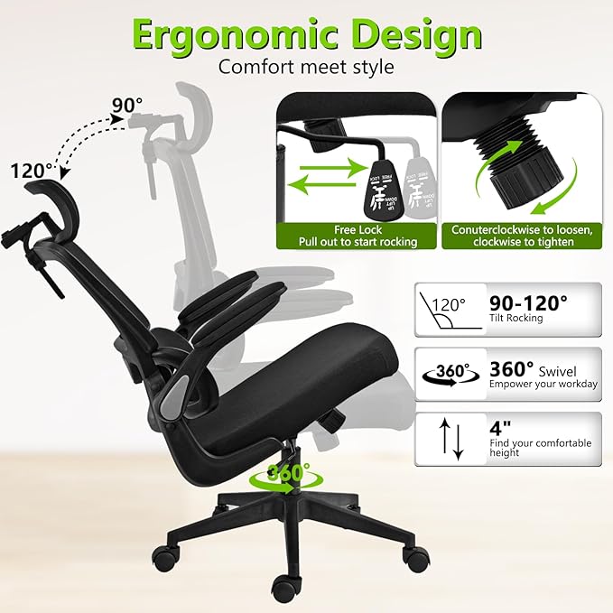 Redragon Ergonomic Office Chair, High Mesh Back Home Desk Chair with Adjustable Headrest, Flip-Up Arms, 90-120° Tilt Rocking and Wide Cushion, Big and Tall Chairs for Man Woman, Black