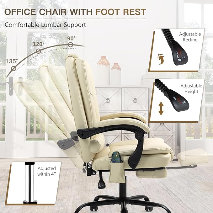 6-Point Heated Massage Office Chair with Footrest, Executive High Back PU Leather Computer Chair with Armrest & Reclining, Ergonomic Home Desk Chair with Lumbar Support, Beige