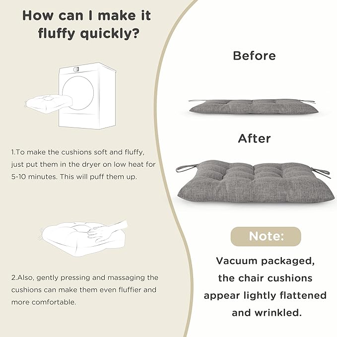 AddGrace Rocking Chair Cushions Indoor Tufted Cushions for Rocking Chairs with Ties Comfortable Textured Fabric Set of Seat & Back Cushion 21x17/17x17 Light Grey