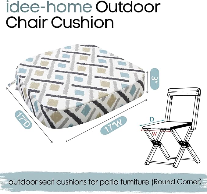 idee-home Outdoor Chair Cushions Set of 2, 17" x 17" x 3" Thick D-Shaped Patio Furniture Outdoor Seat Cushions Waterproof with Ties, Dining Pads
