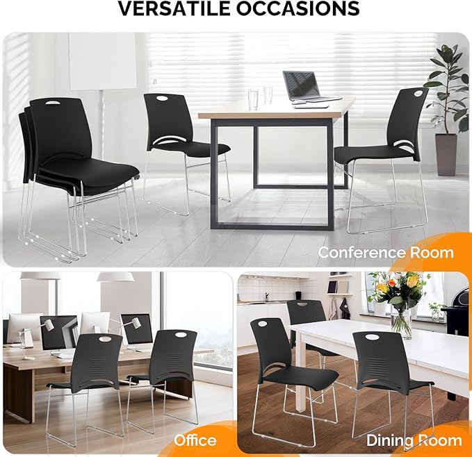 VINGLI Stacking Chairs Set of 12 Stackable Office Chairs with Metal Sled Base, Ergonomic Plastic Seat, Stacking Chairs for Waiting Room Break Room Banquet Guest, Black