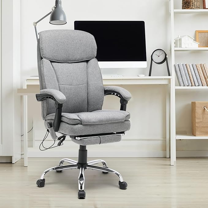 HOMREST Reclining Office Chair with 4-Point Massage, Breathable Fabric Executive Chair with Retractable Footrest, Ergonomic Computer Chair with High Back, Reclining Gaming Chair for Home, Grey