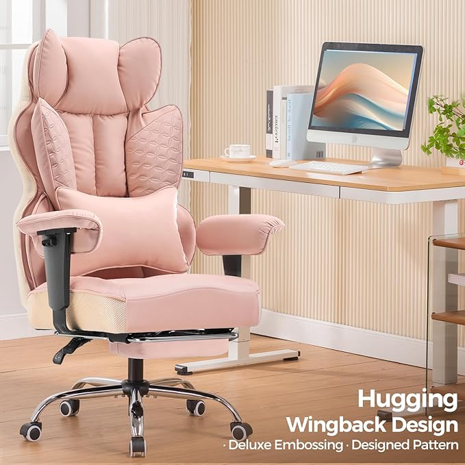 GTPLAYER Big and Tall Gaming Chair 400lbs Heavy Duty Office Chair with Foot Rest & Ergonomic Pocket Spring Lumbar Support, High Back 3D Saddle Shaped Cushion for Back Pain Relief, Pink