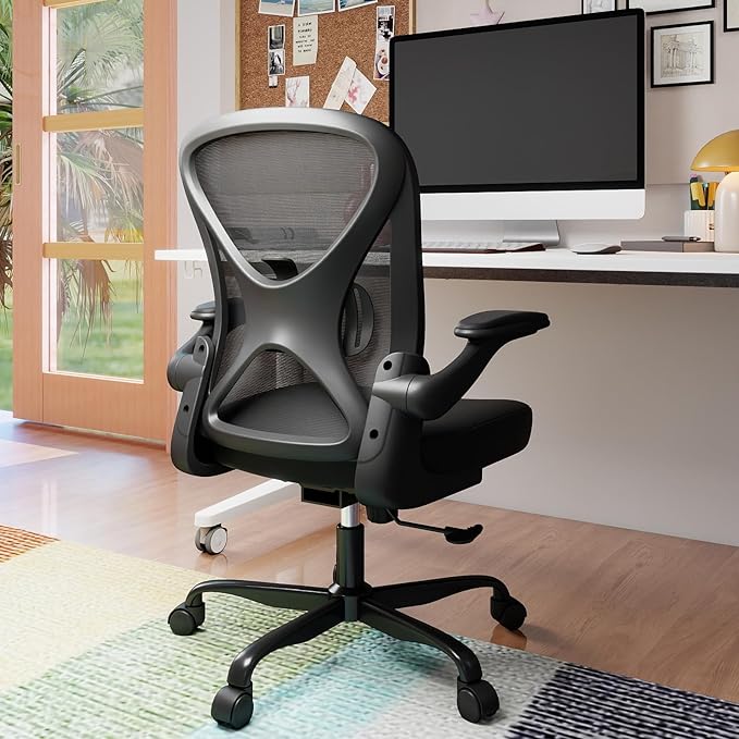 Ergonomic Mesh Office Chair, Computer Chair with Flip-Up Armrests, Adjustable Lumbar Support, Height Adjustable, Smooth Casters, and 360° Swivel, Black