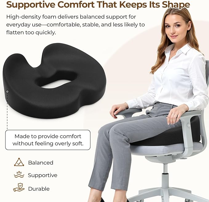 TushGuard Ergonomic Donut Pillow Seat Cushion with Raised Rear Support, Large Memory Foam Cushion for Tailbone, Hemorrhoids & Sciatica Relief, Office Chair, Car, Travel, Postpartum, Black