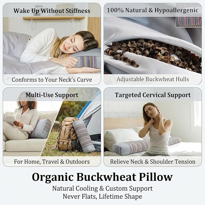 Adjustable Buckwheat Hull Pillow for Neck Pain Relief (21x8x4in) Natural Cooling Cervical Support Organic Pillow for Side & Back Sleepers with Night Sweats (Grey)