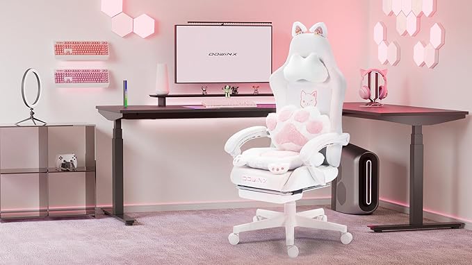 Dowinx Gaming Chair Cute with Cat Ears and Paw Lumbar, Ergonomic Computer Chair for Girl with Footrest and Headrest, Comfortable Reclining Game Chair 290lbs for Adult, Teen, White