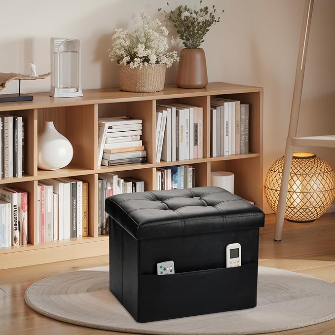 Bsketa Storage Ottoman Foot Rest Stool, Small Leather Storage Ottomans Bench, Folding Footstool with Side Pockets, Foot Rest Under Desk for Living Room Bedroom, 16x12x12 in, Black