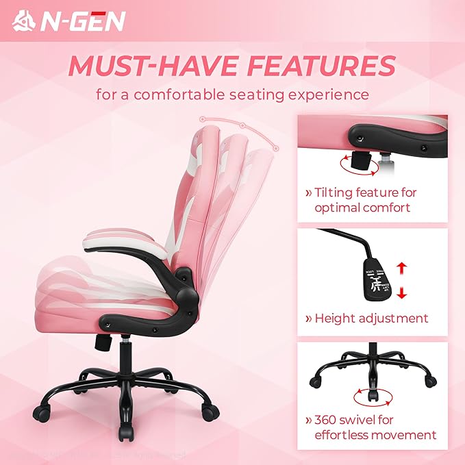 N-GEN Video Gaming Chair Ergonomic Computer Desk Office Chair with Lumbar Support Adjustable Height Swivel Wheels Flip-Up Arms PU Leather Home and Office (Pink)